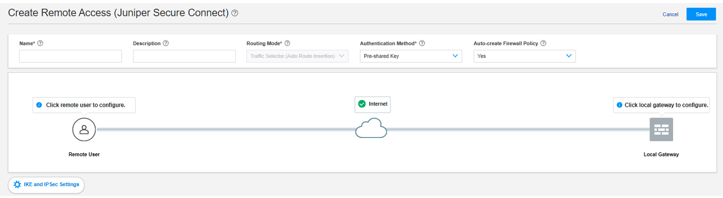 Juniper Secure Connect interface for VPN setup with fields for name, description, routing mode, authentication method, and firewall policy. Save and Cancel buttons included.