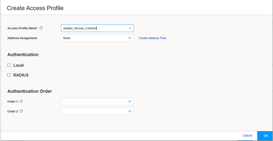 Configuration interface for creating an access profile with fields for Access Profile Name: Juniper_Secure_Connect, Address Assignment: None, authentication methods: Local, RADIUS, and priority order settings. Includes Cancel and OK buttons.