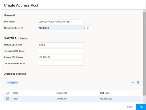 Configuration screen for creating an address pool in network management. Pool name is Juniper_Secure_Connect_Add-Pool. Network address is 192.168.2.0/24. Primary DNS 8.8.8.8. Primary WINS 192.168.4.10. Address range 192.168.2.11 to 192.168.2.100. Add or delete address ranges. Cancel and Ok buttons.