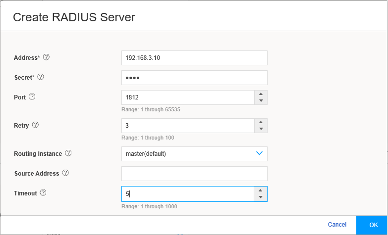Configuration interface for RADIUS server with fields for Address, Secret, Port, Retry, Routing Instance, Source Address, and Timeout. Options to Cancel or OK.