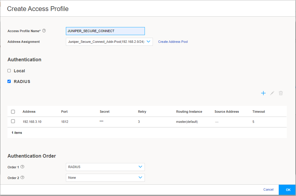 Configuration interface for creating an access profile named JUNIPER_SECURE_CONNECT with RADIUS authentication using server at 192.168.3.10.