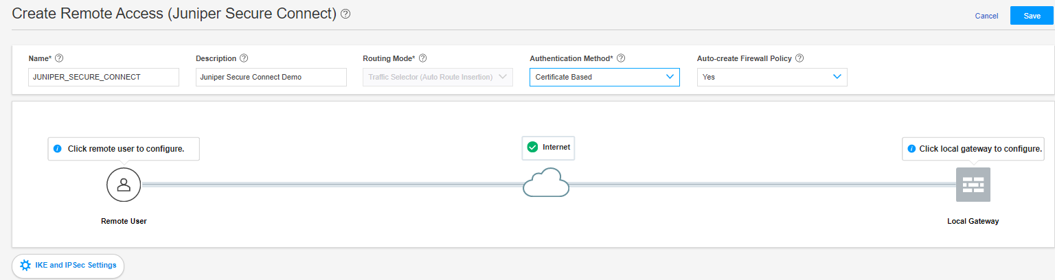 Juniper Secure Connect setup interface for remote access with fields for name, description, routing mode, certificate-based authentication, and firewall policy creation. Diagram shows remote user connecting to local gateway via internet with IKE and IPSec settings option.