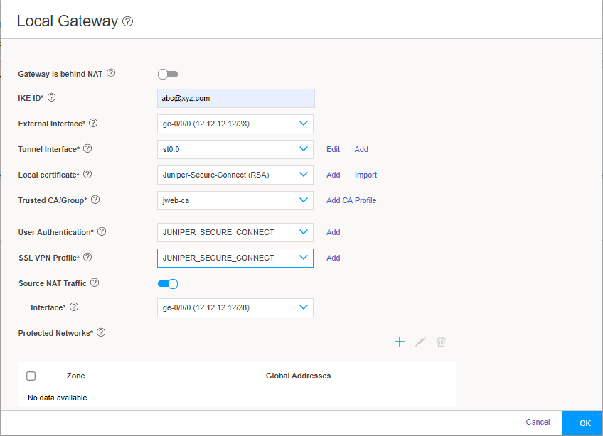 Configuration page for setting up a local gateway with settings for NAT, IKE ID abc@xyz.com, interfaces ge-0/0/0 12.12.12.12/28 and st0.0, local certificate Juniper-Secure-Connect RSA, trusted CA jweb-ca, user authentication JUNIPER_SECURE_CONNECT, SSL VPN profile JUNIPER_SECURE_CONNECT, and source NAT traffic.