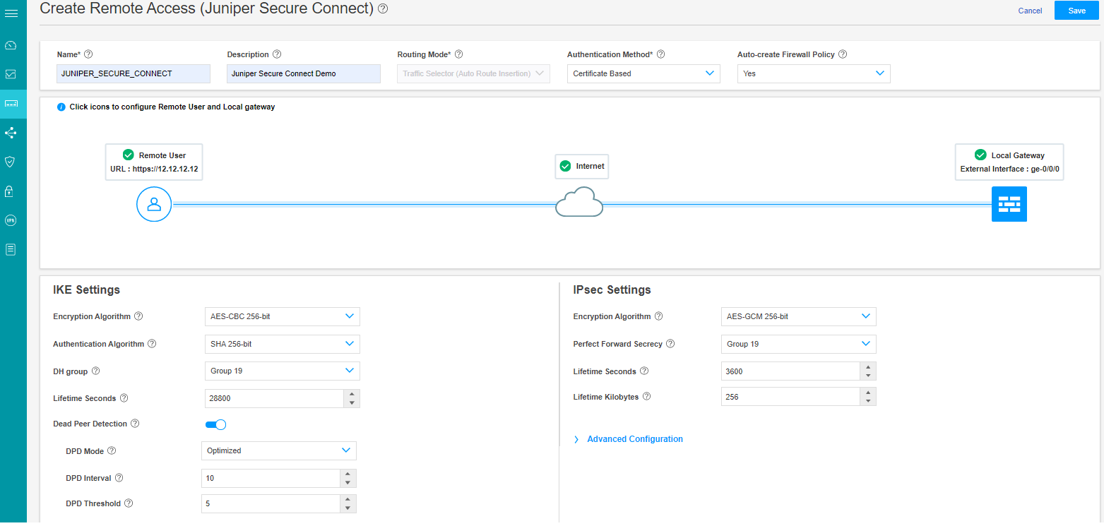 Configuration interface for setting up Juniper Secure Connect VPN with certificate-based authentication and auto-route insertion.