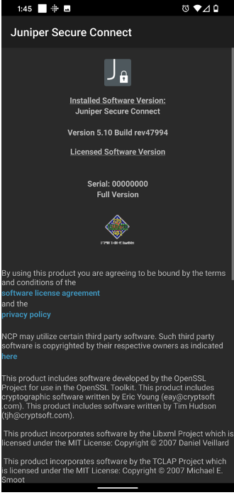 Displays Juniper Secure Connect Version Information