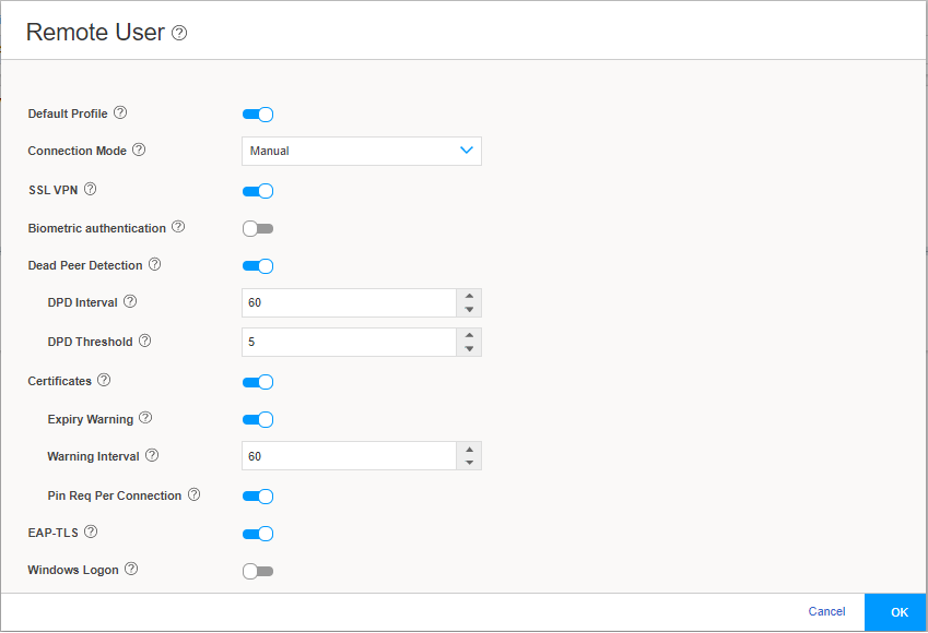 Configuration interface for Remote User setup showing toggles for Default Profile, SSL VPN, Biometric Authentication, DPD, Certificates, EAP-TLS, and Windows Logon. Connection Mode set to Manual. DPD Interval 60 seconds, DPD Threshold 5. Certificate Expiry Warning Interval 60 seconds. Cancel and OK buttons at the bottom.