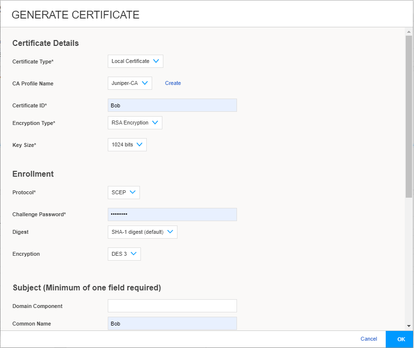 Generate Certificate form with sections for Certificate Details, Enrollment, and Subject. Local Certificate type, Juniper-CA profile, RSA Encryption, SCEP protocol, SHA-1 digest. Options to Cancel or OK.