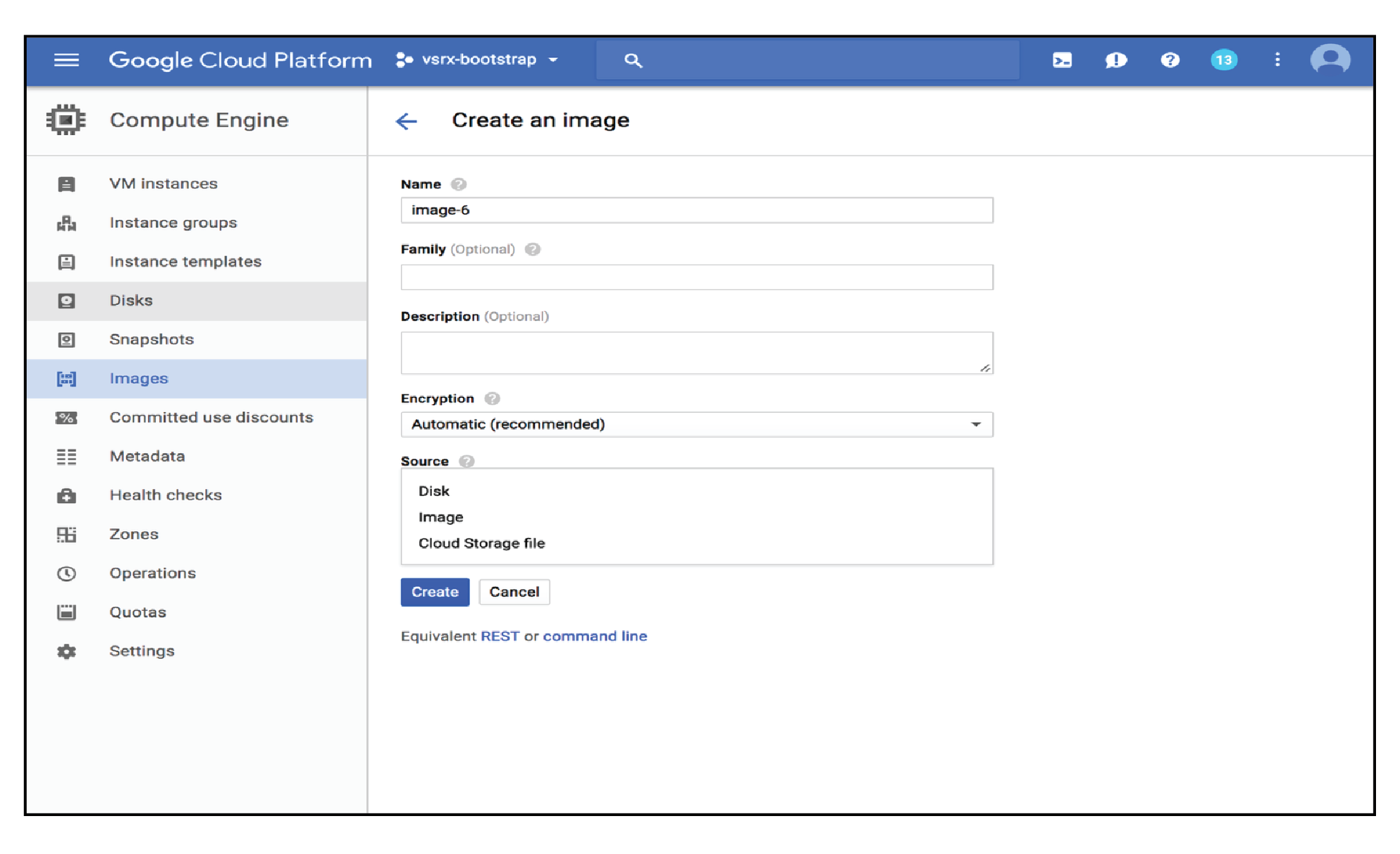 Google Cloud Platform Image Creation Page